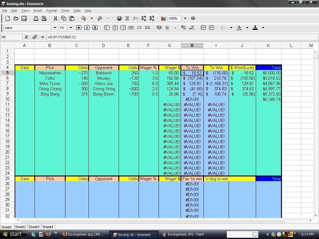 Making a gambling spreadsheet