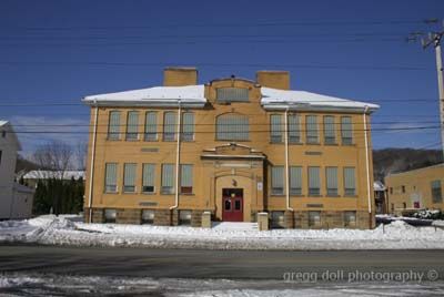 Old Cambria Heights Middle School Building in Hastings, in the snow