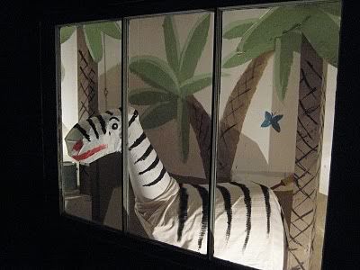 curious george,zebra,luke forsyth,papier mache,jungle,emerson space case,nimble owl,installation