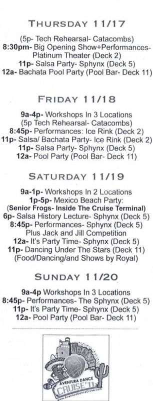 Salsa schedule for the Aventura Dance Cruise aboard the 