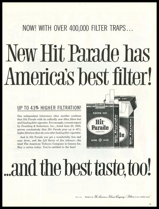 1958 vintage ad for Hit Parade Cigarettes  