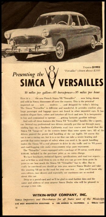 1957 Vintage Ad for Simca Versailles V8 Automobile 788